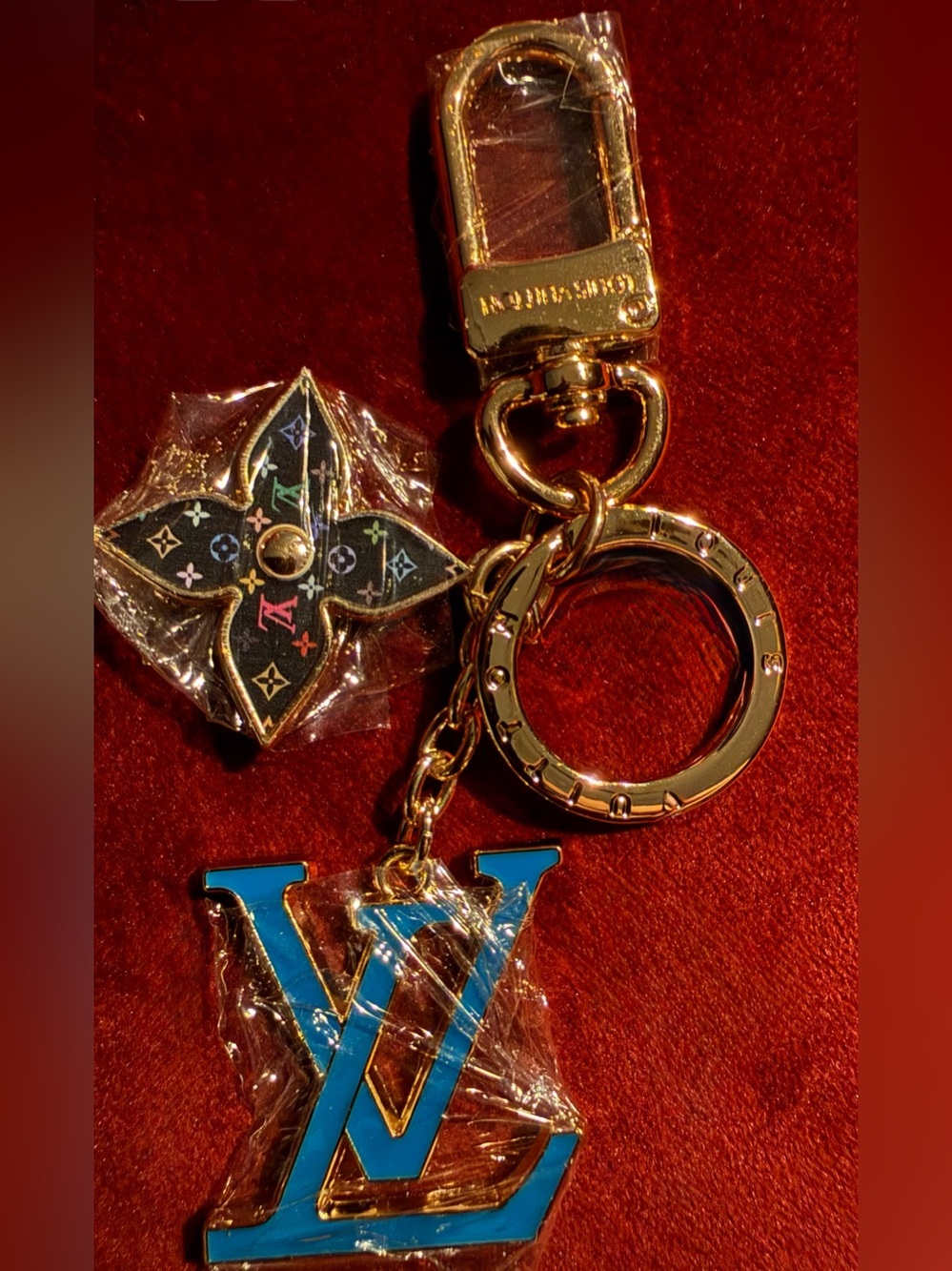 Louis Vuitton Gold Hardware Key & Blue LV Charm with Multicolor Monogram Flower